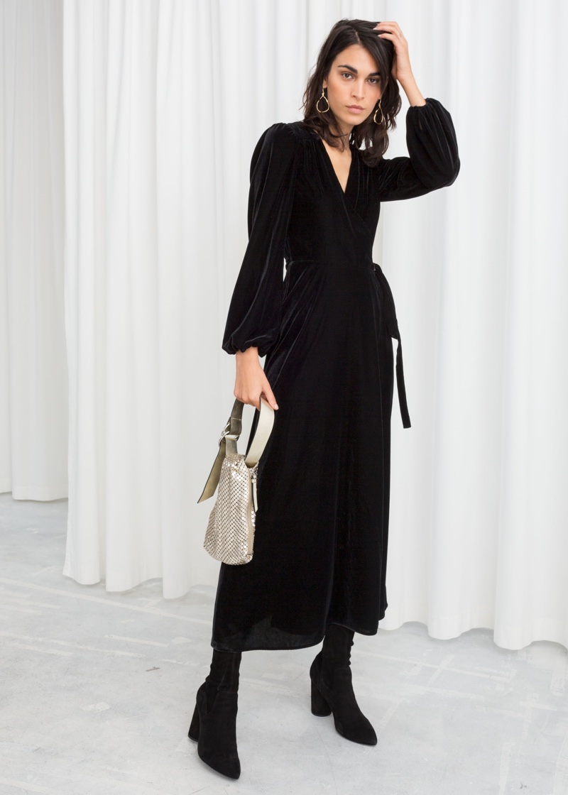 & Other Stories Velvet Midi Wrap Dress in Black $129