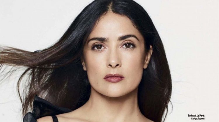 Actress Salma Hayek wears La Perla Bodysuit and Lanvin jacket