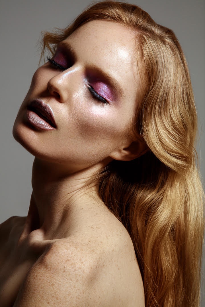 Nell Rebowe wears shimmering makeup looks in the beauty shoot. Photo: Jeff Tse