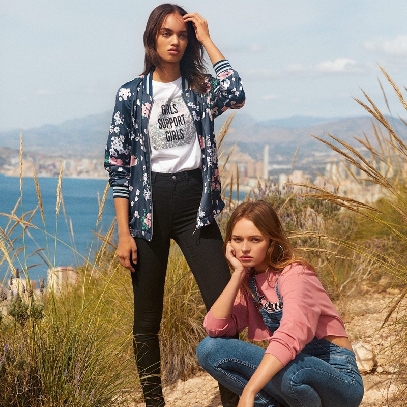 (Left) H&M Satin Bomber Jacket, T-Shirt with Printed Design and Super Skinny High Jeans (Right) H&M Overalls and Sweatshirt