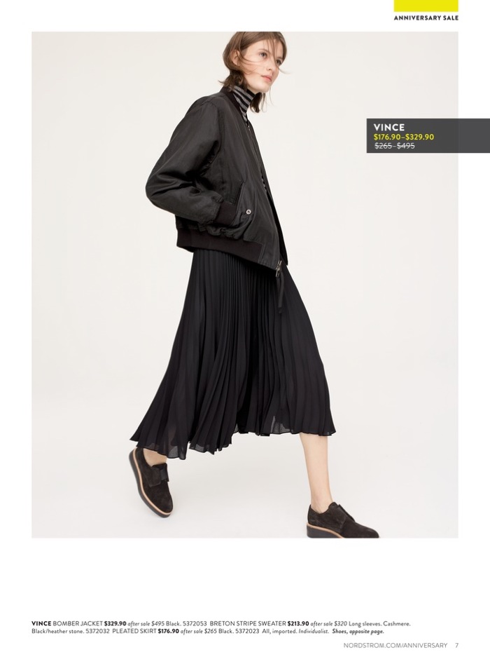 Vince Bomber Jacket $329.90 (on sale), Breton Stripe Sweater $213.90 (on sale), Pleated Skirt $176.90 (on sale) and Platform Oxford $214.90 (on sale)