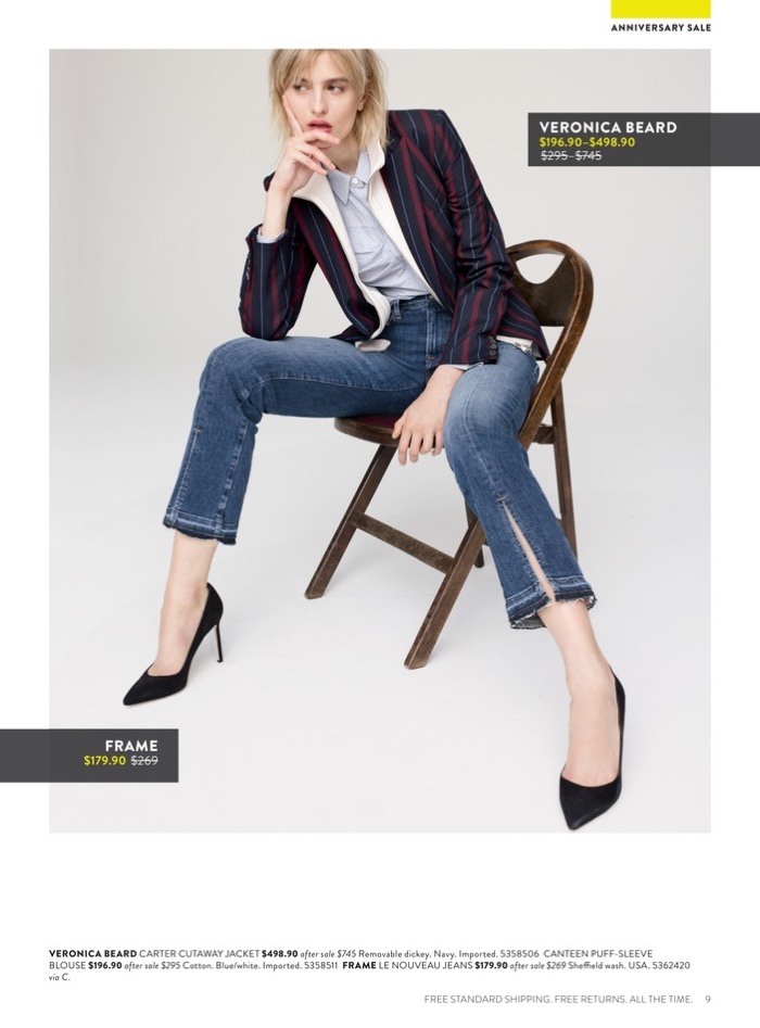 Veronica Beard Carter Cutaway Jacket $498.90 (on sale) and Canteen Puff-Sleeve Blouse $196.90 (on sale). FRAME Le Nouveau Jeans $179.90 (on sale).