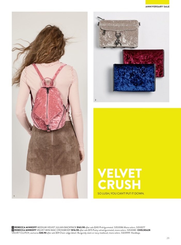 1. Rebecca Minkoff Medium Velvet Julian Backpack $165.90 (on sale) 2. Rebecca Minkoff Velvet Mini Mac Crossbody $116.90 (on sale) and Chelsea28 Velvet Clutch $38.90 (on sale)