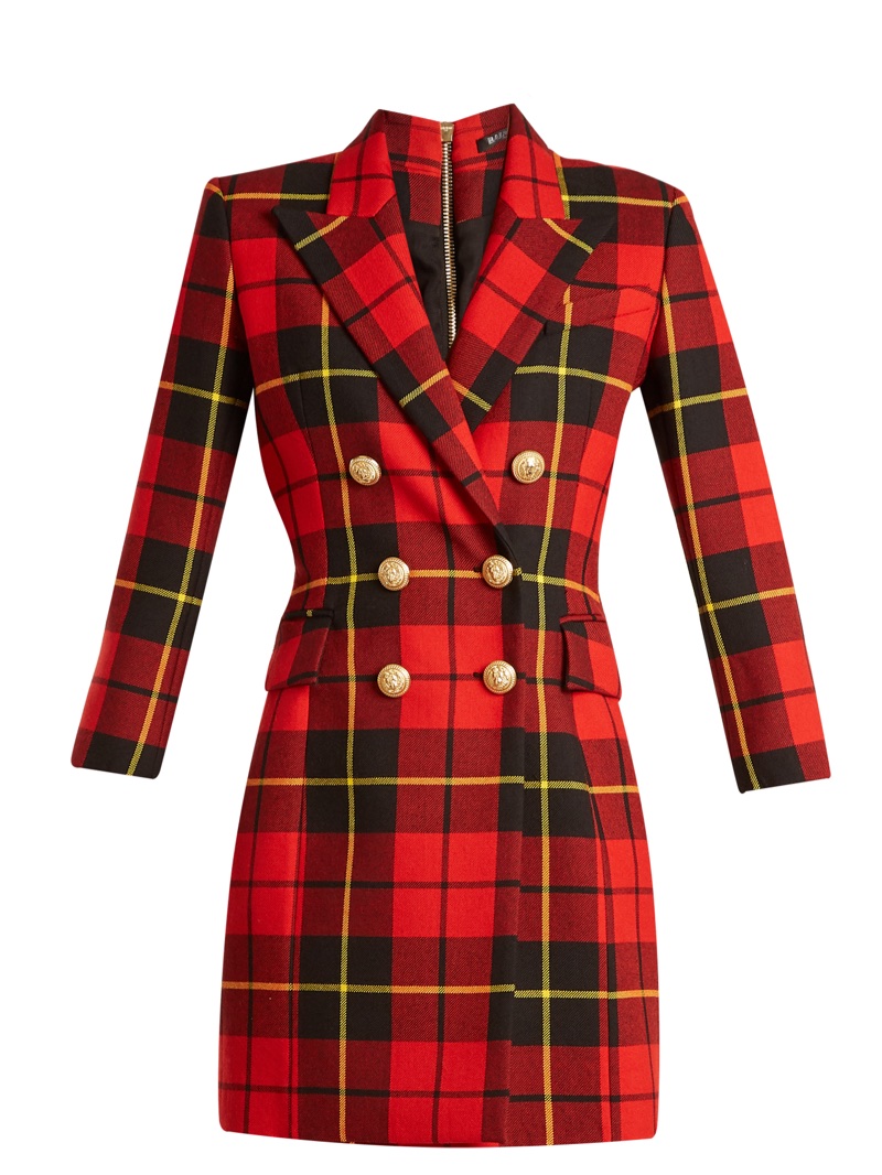 Balmain Tartan Double-Breasted Wool Mini Dress $3,029