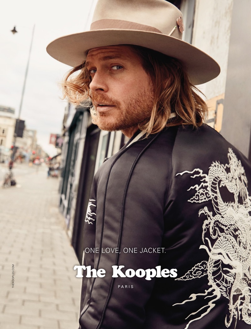 Hat maker Nick Fouquet wears a bomber jacket in The Kooples' fall-winter 2017 campaign