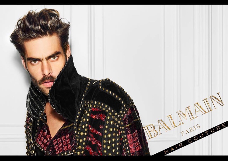 Jon Kortajarena poses in Balmain Hair Couture Icons campaign