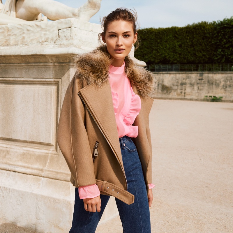 H&M Long Biker Jacket, Puff-Sleeved Ruffled Blouse and Kickflare High Ankle Jeans