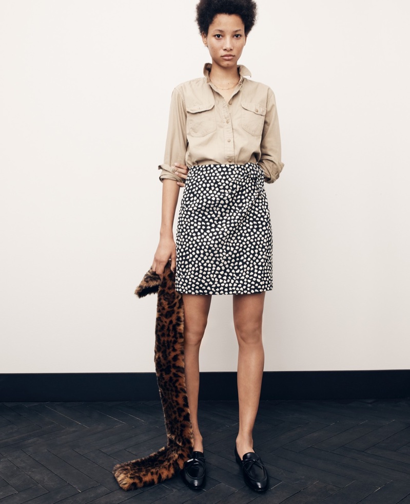 J. Crew Fatigue Boyfriend Shirt, Metallic Pebble Print Jacquard Skirt, Leopard Faux-Fur Stole and Academy Loafers in Leather