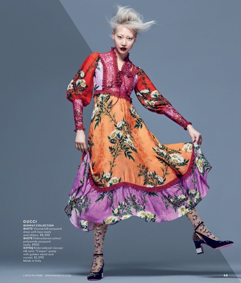 Soo Joo Park models Gucci silk/jacquard dress with lace insets