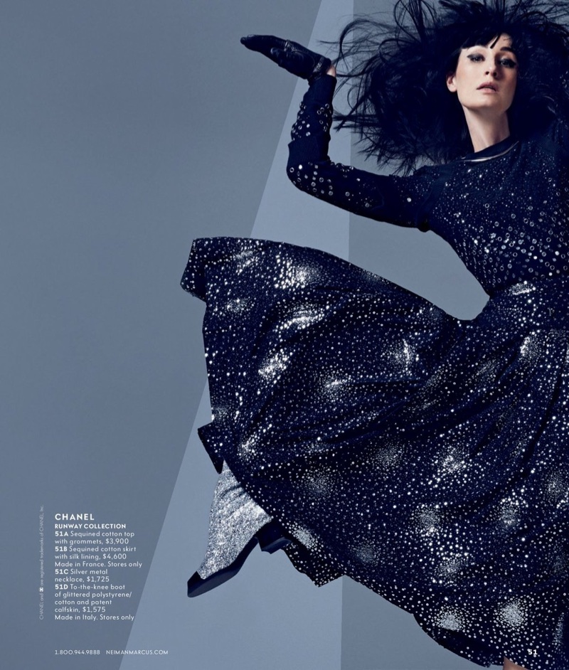 Erin O'Connor models Chanel sequined cotton top, skirt and boots