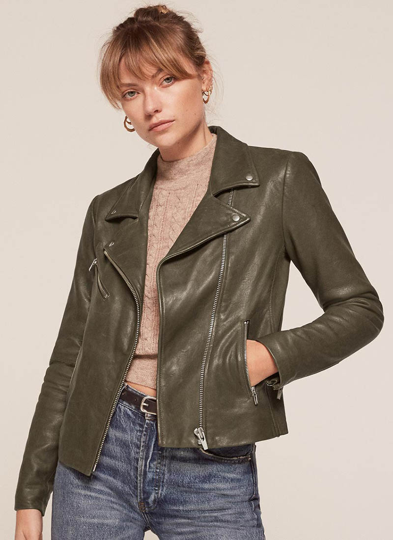 Reformation x VEDA Bad Leather Jacket in Dark Green $498