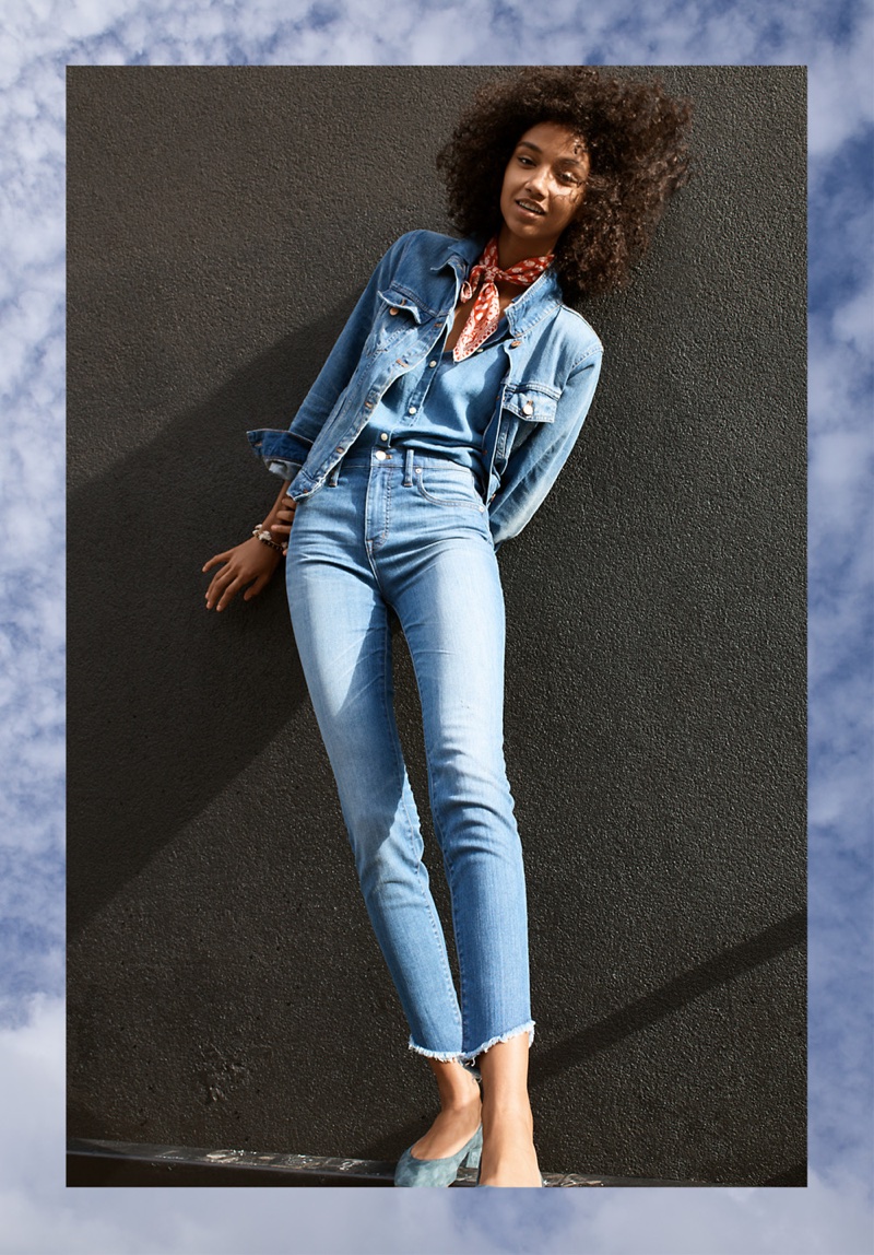 Madewell The Jean Jacket in Pinter Wash, Central Ruffle-Sleeve Shirt in Indigo, 10" High-Rise Skinny Jeans: Tulip Hem Edition, Bandana and The Raquel Pump in Suede