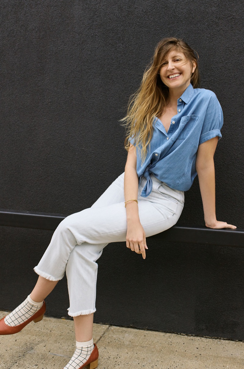 Madewell Central Shirt in Roberta Indigo, Tapered Wide-Leg Jeans, Grid Anklet Socks and The Raquel Pump in Leather