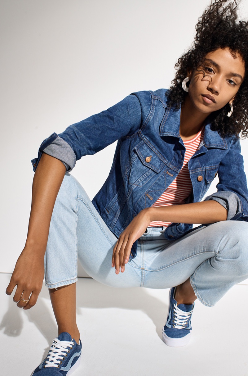 Madewell The Jean Jacket in Pinter Wash, Baby Tee in Stripe, The Perfect Summer Jean in Fitzgerald Wash and Madewell x Vans Unisex Old Skool Sneakers in Denim