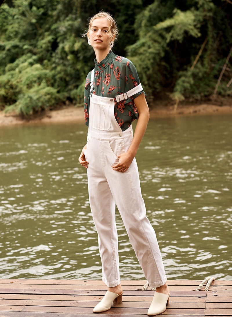 Madewell Straight-Leg Overalls in Tile White, Mockneck Top in Butterfly Garden, Curve Statement Earrings and The Harper Mule