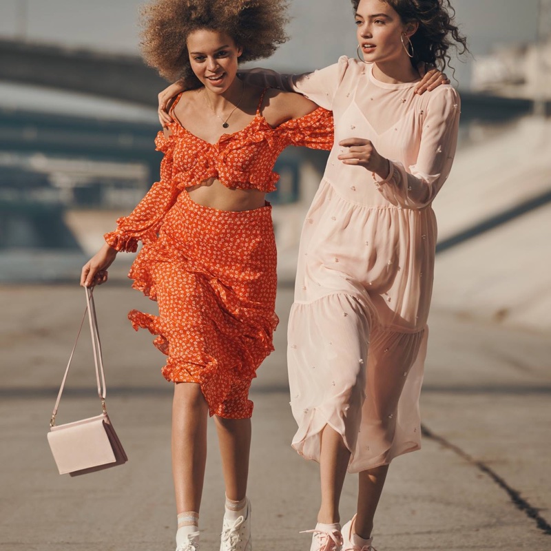 (Left) H&M Open-Shoulder Top, Flounced Skirt and Small Shoulder Bag (Right) H&M Beaded Chiffon Dress