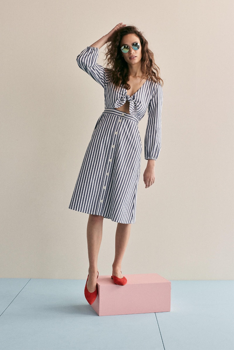 Madewell Shimmer Stripe Cutout Midi Dress and The Ava Slingback Flat in Suede