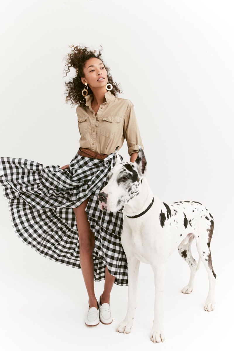 J. Crew Fatigue Oversized Boy Shirt and Gingham Ruffle Wrap Skirt