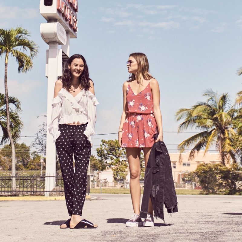 (Left) H&M Open-Shoulder Blouse, Elasticized Viscose Pants and Mules (Right) H&M Printed Romper and Sneakers