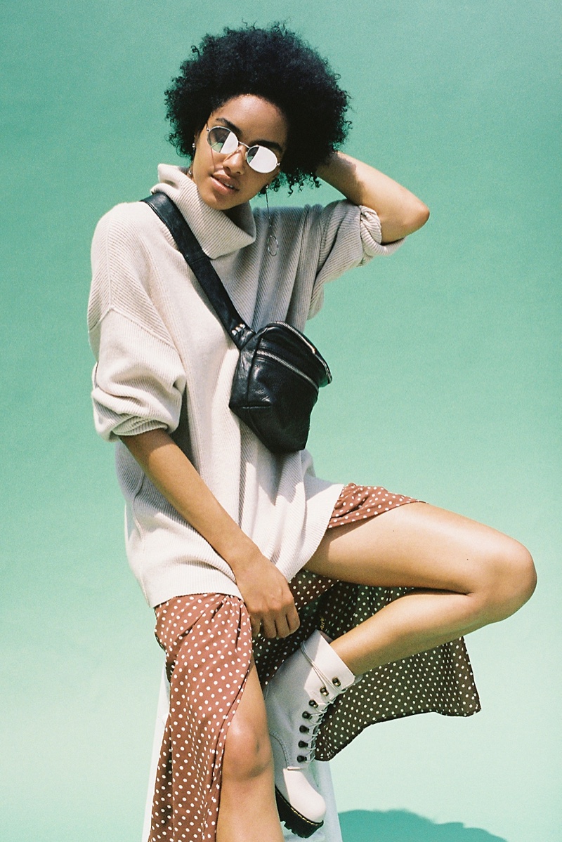 Free People Softly Structured Tunic, Flynn Skye Unbutton Me Midi Skirt, Pelechecoco Pearl Distressed Belt Bag, '90s Kid Oval Sunglasses and Dr. Martens Leona Platform Ankle Boot