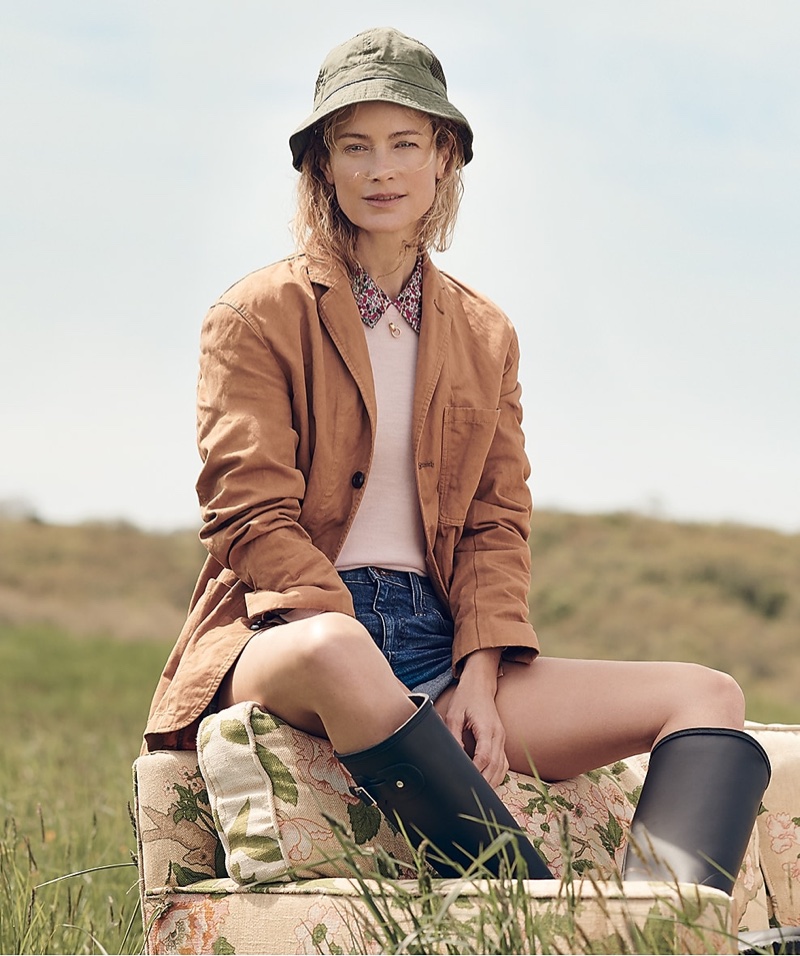 Wallace & Barnes Garment-Dyed Chore Blazer, J. Crew x Liberty Collared Tippi Sweater, High-Rise Denim Short in Brixton Wash and Mesh Paneled Bucket Hat