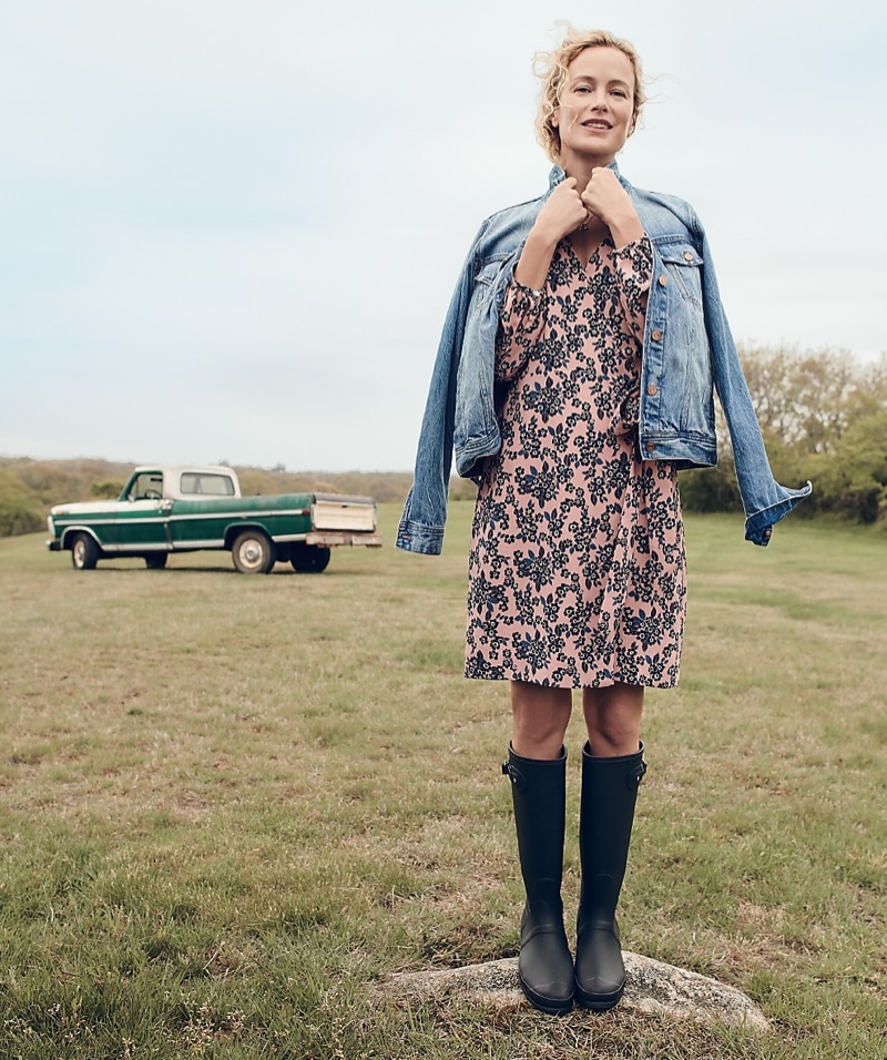 J. Crew Classic Denim Jacket and Rosy Floral Wrap Dress in 365 Crepe