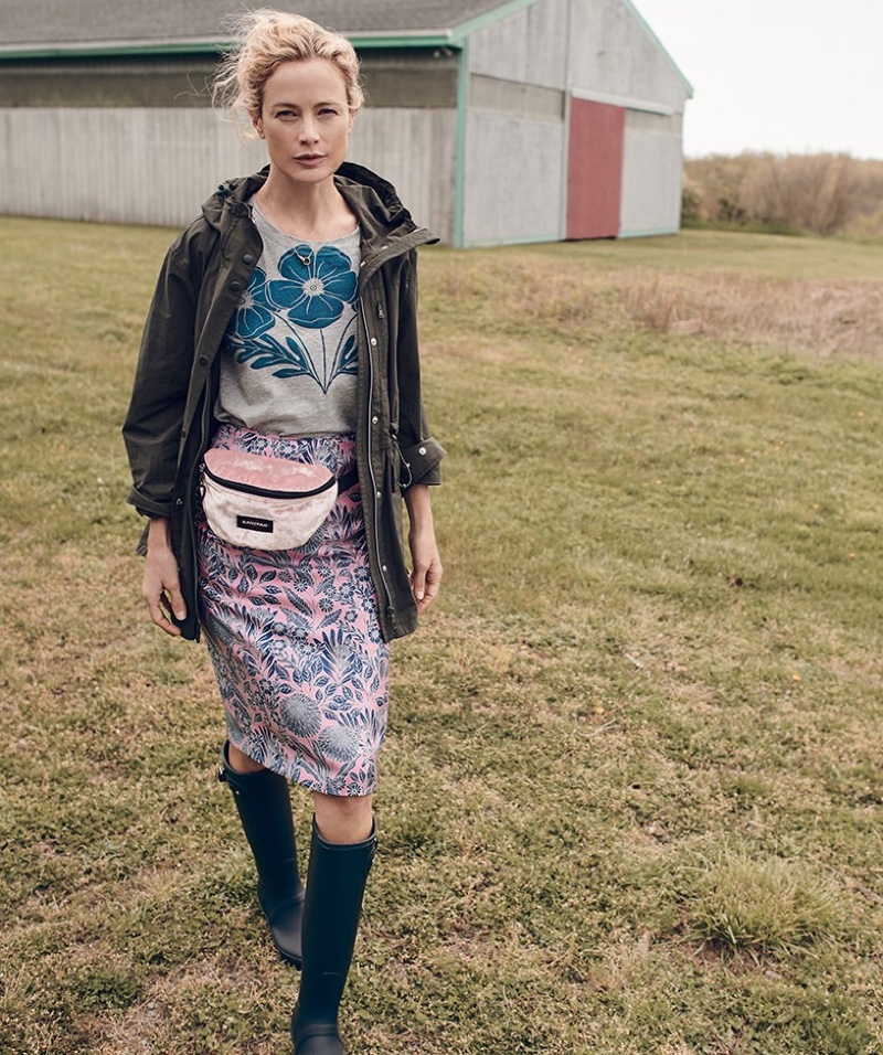 J. Crew Perfect Rainjacket, J. Crew x Abigail Borg Flower Printed T-Shirt, Silk Slip Skirt and Eastpak for J. Crew Springer Fanny Pack in Pink Velvet