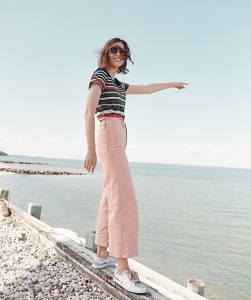 J. Crew Mercantile Broken-in T-Shirt in Stripes, Point Sur Washed Wide-Leg Crop Pant, Gola for J. Crew Mark Cox Tennis Sneakers and  J. Crew Square Frame Sunglasses