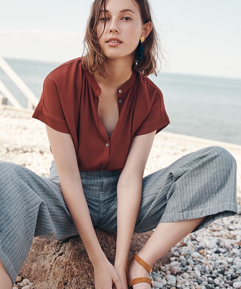 J. Crew Point Sur Drapey Popover Shirt and J. Crew Wide-Leg Crop Pant in Herringbone