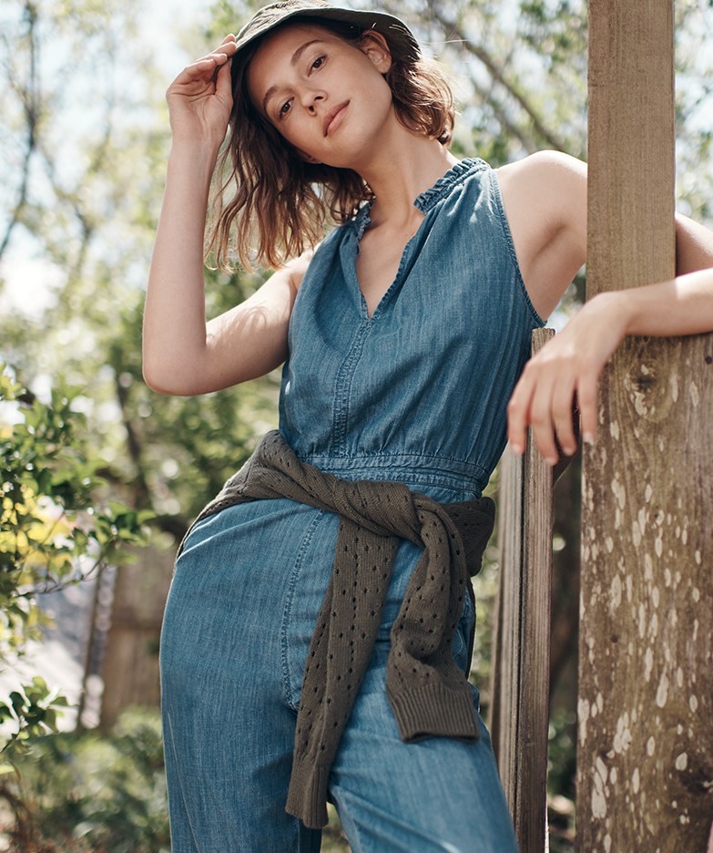 J. Crew Wide-Leg Chambray Jumpsuit, Denim Bucket Hat and Point Sur Allover Pointelle Crewneck Sweater (worn around waist)