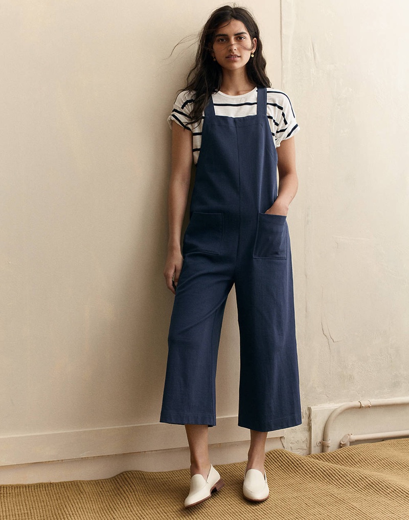 Madewell Whisper Cotton Crewneck Tee in Creston Stripe, Knit Patch Pocket Overalls and The Frances Loafer