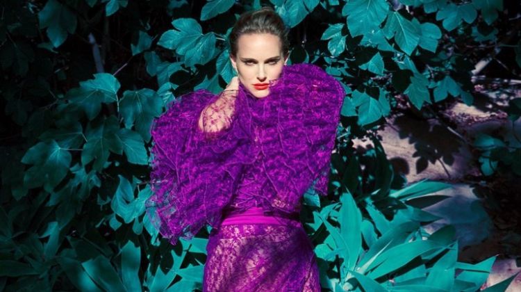 Actress Natalie Portman poses in a purple Rodate dress