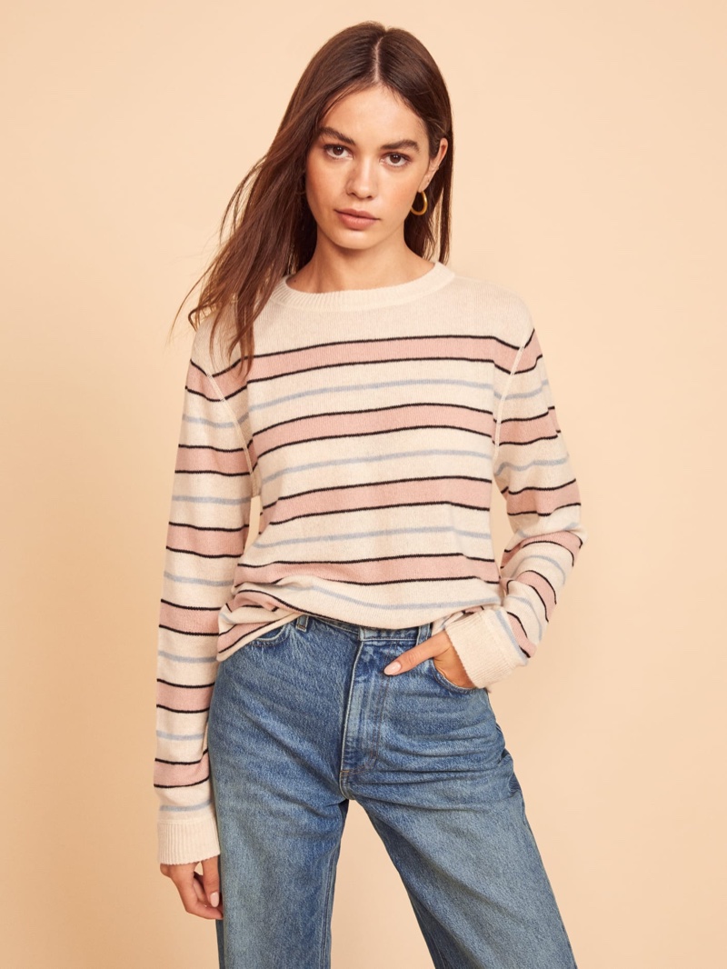 Reformation Cashmere Boyfriend Sweater in Serenade Stripe $148