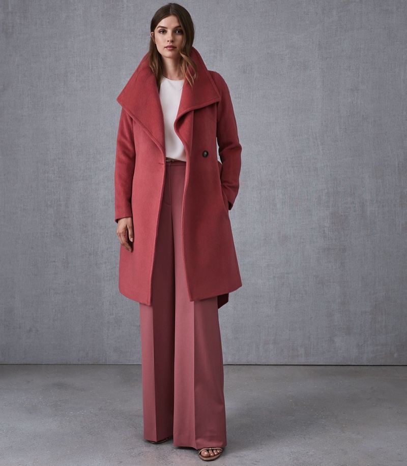 Reiss Luna Wool Self Tie Coat in Raspberry $630