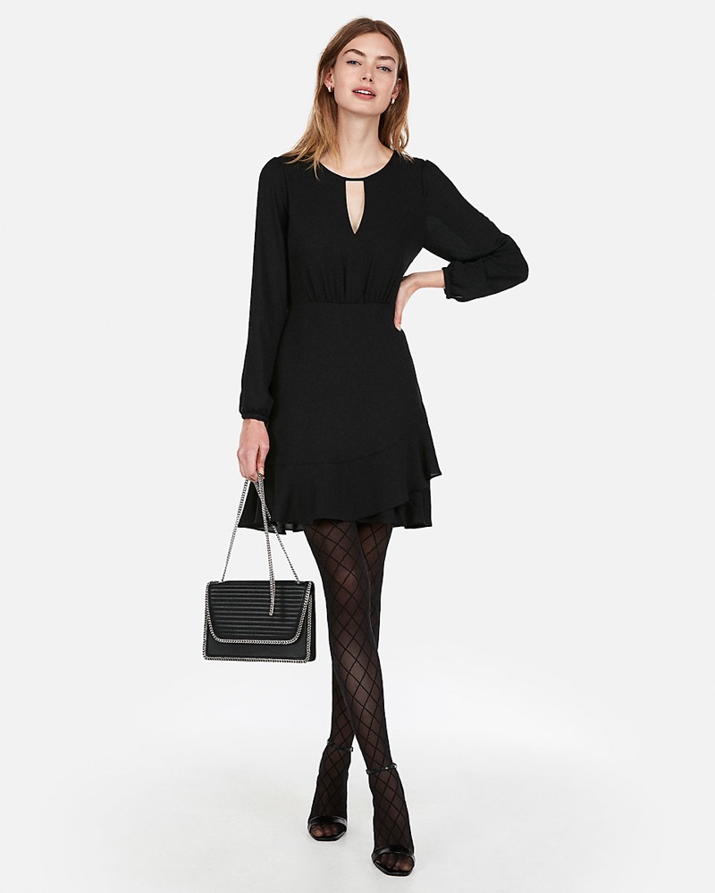 Express Keyhole Cut-Out Ruffle Wrap Dress in Black $34.95 (previously $69.90)