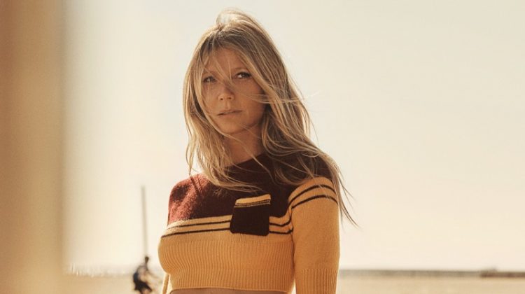 Actress Gwyneth Paltrow wears cropped sweater and striped bikini bottom