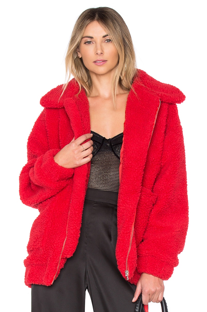 I.AM.GIA Pixie Pile Fleece Coat in Red $120