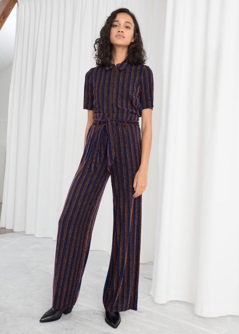 & Other Stories Glitter Stripe Polo Top $49 and Glitter Stripe Belted Pants $89