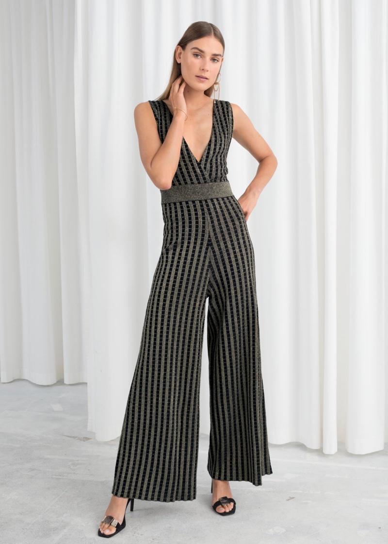 & Other Stories Plunging Glitter Stripe Jumpsuit $119