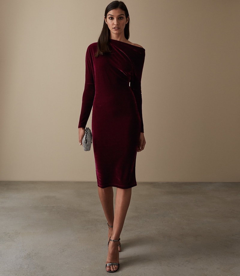 REISS Elsa Velvet Drape Detail Dress $295