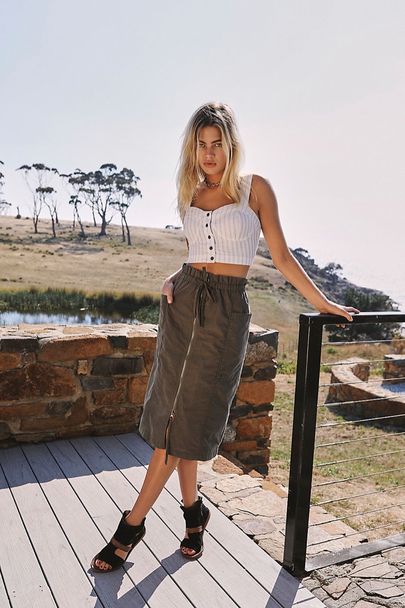 Free People Perfectly Stripe Crop Top $68 and Just The Girl Utility Skirt $98