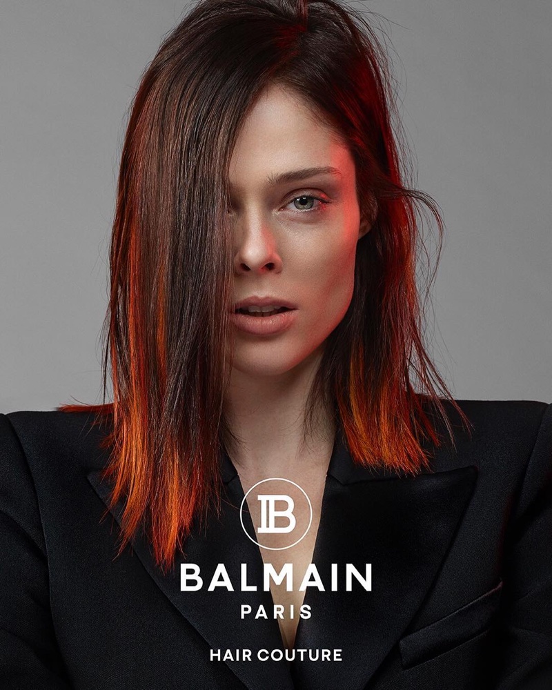 Coco Rocha shows off a fiery red hairstyle for Balmain Hair Couture spring-summer 2019 campaign