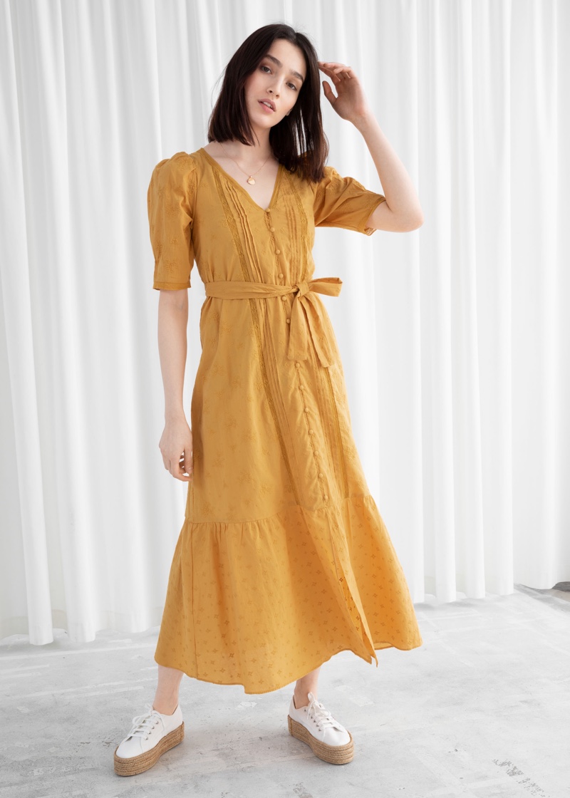 & Other Stories Belted Floral Schiffli Cotton Midi Dress $129