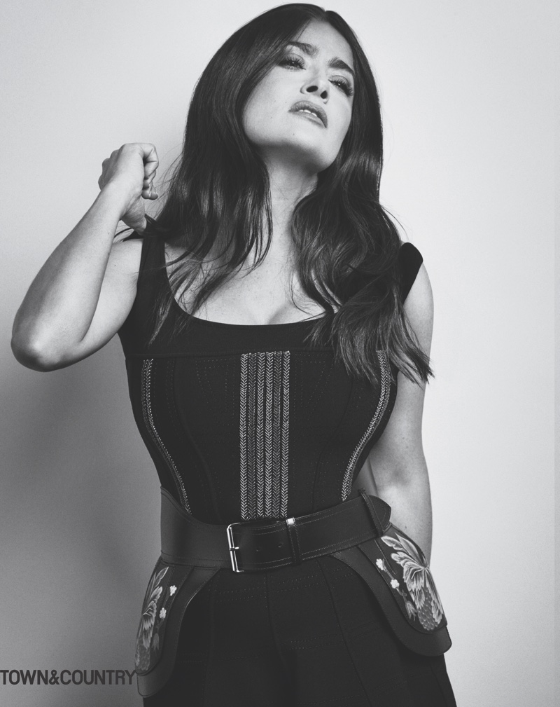 Salma Hayek wears Alexander McQueen corset dress and belt