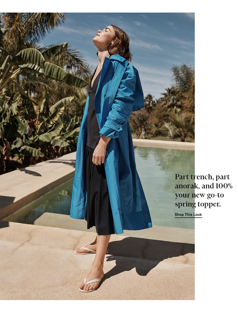 Tibi Windbreaker Trench $995, Deep V Neck Halter Dress $650 and Bryan Flip Flops $195