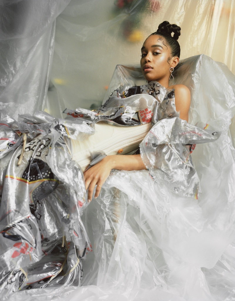 Surrounded by plastic, Laura Harrier wears a fashion forward design. Photo: Mary Rozzi