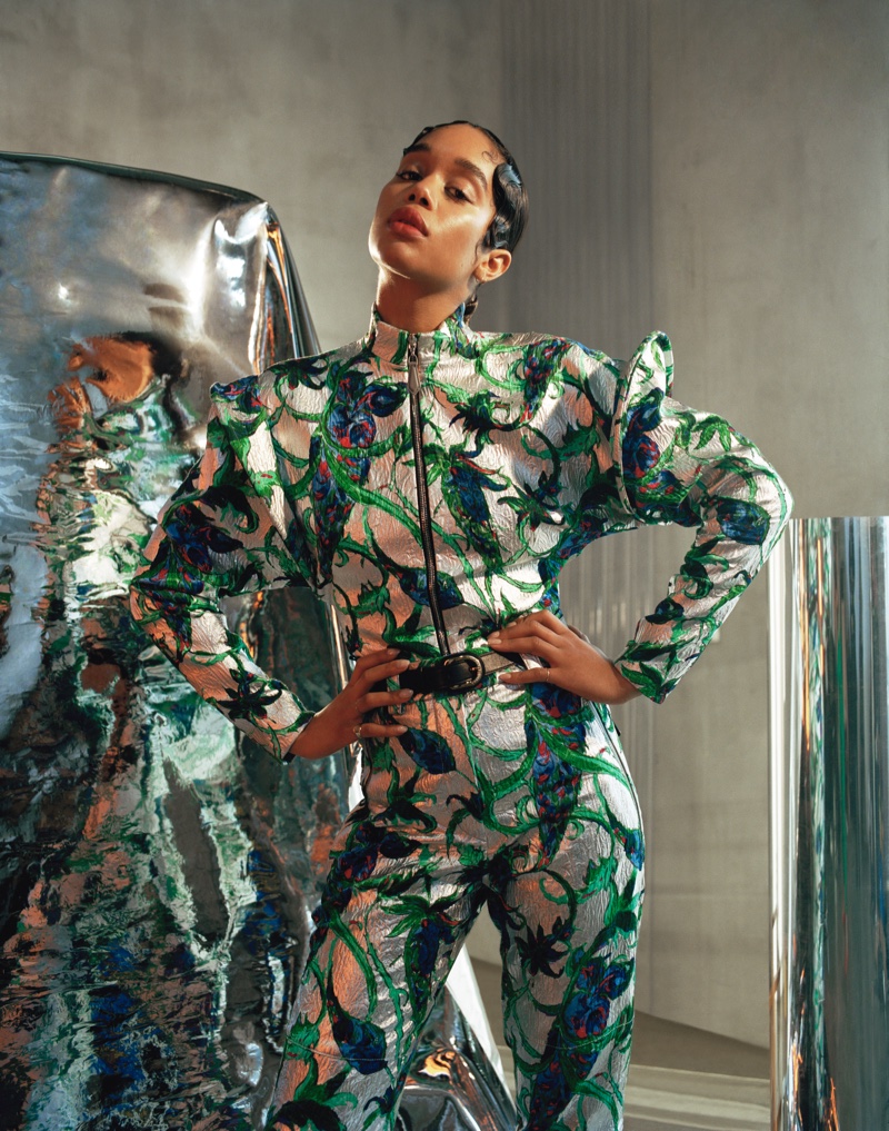 Striking a pose, Laura Harrier wears metallic Louis Vuitton jumpsuit. Photo: Mary Rozzi