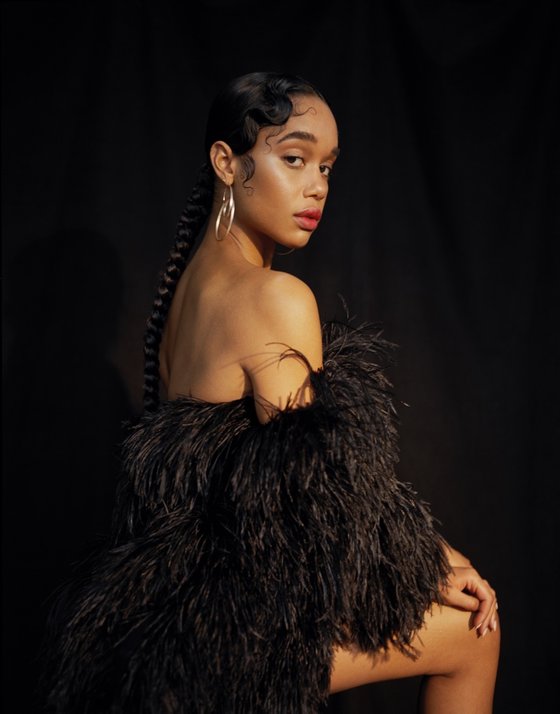 Actress Laura Harrier poses in feather embellished design. Photo: Mary Rozzi