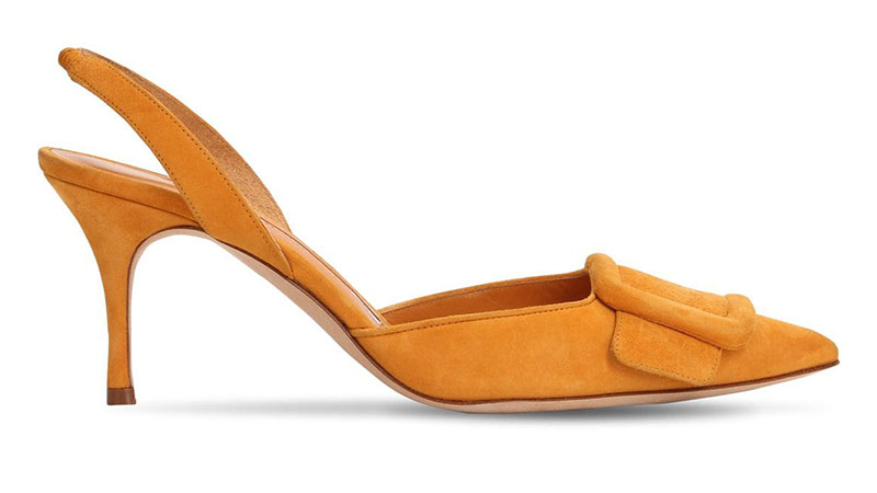 Manolo Blahnik Maysli Suede Sling Back Pumps in Yellow $755