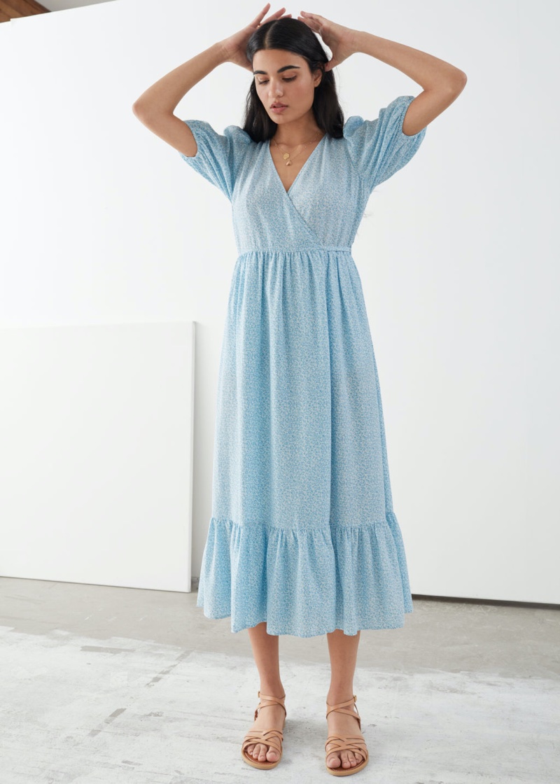 & Other Stories Puff Sleeve Wrap Maxi Dress in Blue Print $129